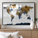 Modern Abstract World Map Canvas Wall Art – Framed Blue and