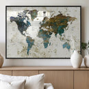 Vintage World Map Wall Art Canvas Print, Framed Rustic Earth