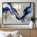 Golden Cascades on Midnight Blue – Deep Blue Abstract Wall