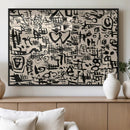 Abstract Love and Chaos Canvas Print, Black Symbols on Beige