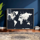 Black World Map Wall Art Canvas Print for Home Office and