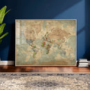 World Map Wall Art Canvas Print, Rustic Map Print, Framed