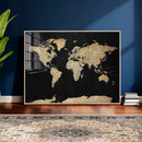 Beige World Map Canvas Wall Art Print, Minimal Black and