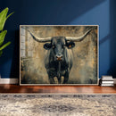 Texas Longhorn Bull Wall Art – Framed Rustic Cow Canvas