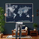 Blue Detailed World Map Wall Art Canvas Print, Modern Framed