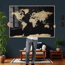 Beige World Map Canvas Wall Art Print, Minimal Black and