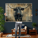 Texas Longhorn Bull Wall Art – Framed Rustic Cow Canvas