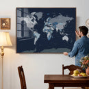 Blue Detailed World Map Wall Art Canvas Print, Modern Framed