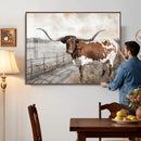 Vintage Texas Cow Wall Art Canvas Print, Rustic Longhorn