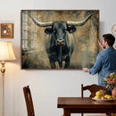Texas Longhorn Bull Wall Art – Framed Rustic Cow Canvas