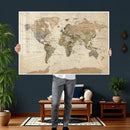 Vintage World Map Canvas Wall Art - Rustic Grunge Texture