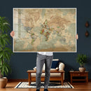 World Map Wall Art Canvas Print, Rustic Map Print, Framed