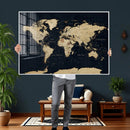 Dark World Map Canvas Wall Art Print, Minimal Black and Gold
