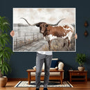 Vintage Texas Cow Wall Art Canvas Print, Rustic Longhorn