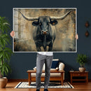 Texas Longhorn Bull Wall Art – Framed Rustic Cow Canvas