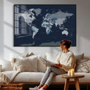 Blue Detailed World Map Wall Art Canvas Print, Modern Framed