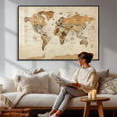 Rustic Vintage World Map Canvas Print – Framed Modern