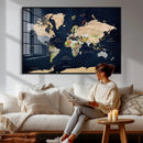 Minimalist World Map Canvas Wall Art - Watercolor Blue and