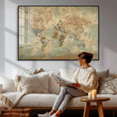 World Map Wall Art Canvas Print, Rustic Map Print, Framed