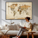 Vintage World Map Canvas Print – Framed Rustic Detailed Map