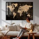 Brown World Map Canvas Print – Modern Travel Map Wall Art,