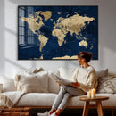 Navy Blue World Map Canvas Print – Detailed Map Minimal Navy