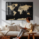Beige World Map Canvas Wall Art Print, Minimal Black and