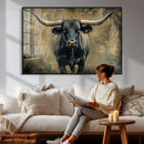 Texas Longhorn Bull Wall Art – Framed Rustic Cow Canvas
