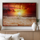 Red Sunset Ocean Beach Canvas Wall Art Beach Canvas, Coastal