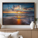 Sunset on the Ocean Beach with Waves, Reflections on Sand,
