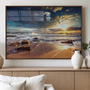 Golden Hour Beach Sunset Canvas Triptych, Ocean Waves and