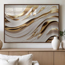 Gold and White Abstract Wave Canvas – Elegant Flowing Design