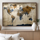 World Map Wall Art – Antique Style Blue and Brown Map Canvas