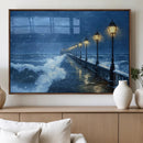 Stormy Ocean Pier Lights Canvas Wall Art Print - Large Moody