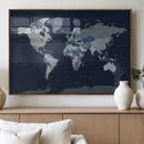 Blue Detailed World Map Wall Art Canvas Print, Modern Framed
