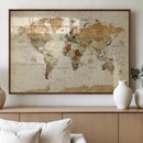 Rustic Vintage World Map Canvas Print – Framed Modern