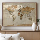 Vintage World Map Canvas Print – Framed Rustic Detailed Map