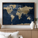 Navy Blue World Map Canvas Print – Detailed Map Minimal Navy