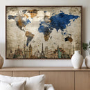 World Map Canvas Print – Vintage Blue and Gold World Map