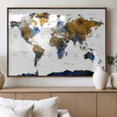 Modern Abstract World Map Canvas Wall Art – Framed Blue and