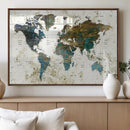 Vintage World Map Wall Art Canvas Print, Framed Rustic Earth