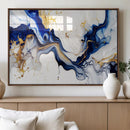 Golden Cascades on Midnight Blue – Deep Blue Abstract Wall