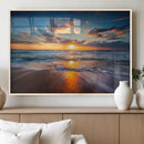 Sunset on the Ocean Beach with Waves, Reflections on Sand,