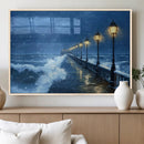 Stormy Ocean Pier Lights Canvas Wall Art Print - Large Moody