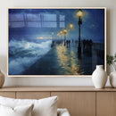 Storm Ocean Pier Canvas Wall Art Print - Large Moody Night