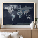 Blue Detailed World Map Wall Art Canvas Print, Modern Framed