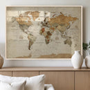 Rustic Vintage World Map Canvas Print – Framed Modern