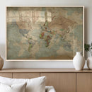 World Map Wall Art Canvas Print, Rustic Map Print, Framed