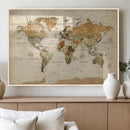 Vintage World Map Canvas Print – Framed Rustic Detailed Map