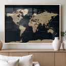 Dark World Map Canvas Wall Art Print, Minimal Black and Gold